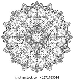 Mandala, tracery wheel mehndi design. Ethnic ornament, doodle symmetry texture. Folk traditional spiritual tribal design. Curved shape, isolated on white. Binary monochrome black and white art. Vector