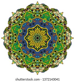 Mandala, tracery wheel mehndi design. Ethnic ornament, colorful doodle symmetry texture. Folk traditional spiritual tribal design.  Curved shape, isolated on white. Color art. Vector