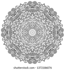 Mandala, tracery wheel mehndi design. Ethnic ornament, doodle symmetry texture. Folk traditional spiritual tribal design. Curved shape, isolated on white. Binary monochrome black and white art. Vector