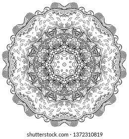Mandala, tracery wheel mehndi design. Ethnic ornament, doodle symmetry texture. Folk traditional spiritual tribal design. Curved shape, isolated on white. Binary monochrome black and white art. Vector