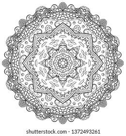 Mandala, tracery wheel mehndi design. Ethnic ornament, doodle symmetry texture. Folk traditional spiritual tribal design. Curved shape, isolated on white. Binary monochrome black and white art. Vector