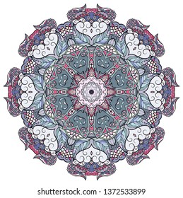 Mandala, tracery wheel mehndi design. Ethnic ornament, colorful doodle symmetry texture. Folk traditional spiritual tribal design.  Curved shape, isolated on white. Color art. Vector