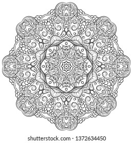 Mandala, tracery wheel mehndi design. Ethnic ornament, doodle symmetry texture. Folk traditional spiritual tribal design. Curved shape, isolated on white. Binary monochrome black and white art. Vector