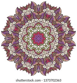 Mandala, tracery wheel mehndi design. Ethnic ornament, colorful doodle symmetry texture. Folk traditional spiritual tribal design.  Curved shape, isolated on white. Color art. Vector