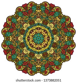 Mandala, tracery wheel mehndi design. Ethnic ornament, colorful doodle symmetry texture. Folk traditional spiritual tribal design.  Curved shape, isolated on white. Color art. Vector