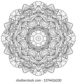 Mandala, tracery wheel mehndi design. Ethnic ornament, doodle symmetry texture. Folk traditional spiritual tribal design. Curved shape, isolated on white. Binary monochrome black and white art. Vector