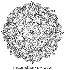 Mandala, tracery wheel mehndi design. Ethnic ornament, doodle symmetry texture. Folk traditional spiritual tribal design. Curved shape, isolated on white. Binary monochrome black and white art. Vector