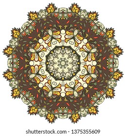 Mandala, tracery wheel mehndi design. Ethnic ornament, colorful doodle symmetry texture. Folk traditional spiritual tribal design.  Curved shape, isolated on white. Color art. Vector