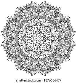 Mandala, tracery wheel mehndi design. Ethnic ornament, doodle symmetry texture. Folk traditional spiritual tribal design. Curved shape, isolated on white. Binary monochrome black and white art. Vector