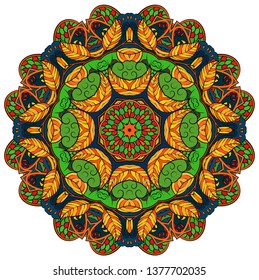 Mandala, tracery wheel mehndi design. Ethnic ornament, colorful doodle symmetry texture. Folk traditional spiritual tribal design.  Curved shape, isolated on white. Color art. Vector