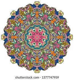 Mandala, tracery wheel mehndi design. Ethnic ornament, colorful doodle symmetry texture. Folk traditional spiritual tribal design.  Curved shape, isolated on white. Color art. Vector