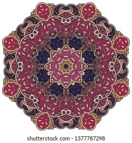 Mandala, tracery wheel mehndi design. Ethnic ornament, colorful doodle symmetry texture. Folk traditional spiritual tribal design.  Curved shape, isolated on white. Color art. Vector