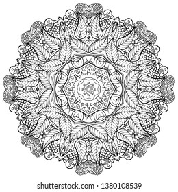 Mandala, tracery wheel mehndi design. Ethnic ornament, doodle symmetry texture. Folk traditional spiritual tribal design. Curved shape, isolated on white. Binary monochrome black and white art. Vector