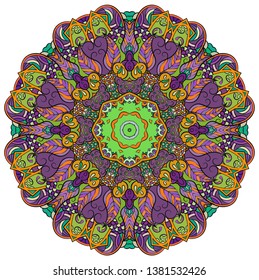 Mandala, tracery wheel mehndi design. Ethnic ornament, colorful doodle symmetry texture. Folk traditional spiritual tribal design.  Curved shape, isolated on white. Color art. Vector