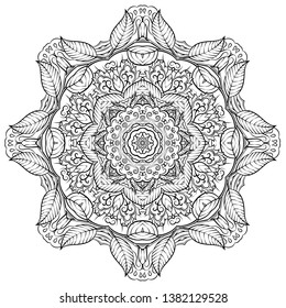 Mandala, tracery wheel mehndi design. Ethnic ornament, doodle symmetry texture. Folk traditional spiritual tribal design. Curved shape, isolated on white. Binary monochrome black and white art. Vector