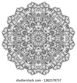 Mandala, tracery wheel mehndi design. Ethnic ornament, doodle symmetry texture. Folk traditional spiritual tribal design. Curved shape, isolated on white. Binary monochrome black and white art. Vector