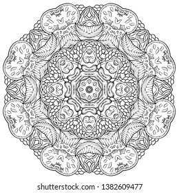 Mandala, tracery wheel mehndi design. Ethnic ornament, doodle symmetry texture. Folk traditional spiritual tribal design. Curved shape, isolated on white. Binary monochrome black and white art. Vector
