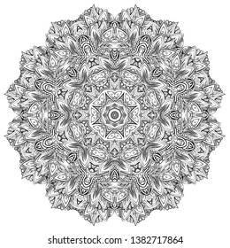 Mandala, tracery wheel mehndi design. Ethnic ornament, doodle symmetry texture. Folk traditional spiritual tribal design. Curved shape, isolated on white. Binary monochrome black and white art. Vector