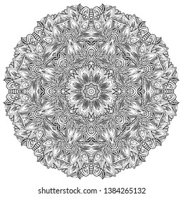Mandala, tracery wheel mehndi design. Ethnic ornament, doodle symmetry texture. Folk traditional spiritual tribal design. Curved shape, isolated on white. Binary monochrome black and white art. Vector