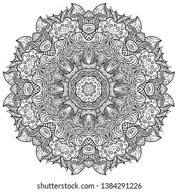 Mandala, tracery wheel mehndi design. Ethnic ornament, doodle symmetry texture. Folk traditional spiritual tribal design. Curved shape, isolated on white. Binary monochrome black and white art. Vector