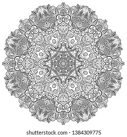 Mandala, tracery wheel mehndi design. Ethnic ornament, doodle symmetry texture. Folk traditional spiritual tribal design. Curved shape, isolated on white. Binary monochrome black and white art. Vector