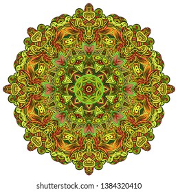 Mandala, tracery wheel mehndi design. Ethnic ornament, colorful doodle symmetry texture. Folk traditional spiritual tribal design.  Curved shape, isolated on white. Color art. Vector
