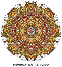 Mandala, tracery wheel mehndi design. Ethnic ornament, colorful doodle symmetry texture. Folk traditional spiritual tribal design.  Curved shape, isolated on white. Color art. Vector