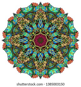 Mandala, tracery wheel mehndi design. Ethnic ornament, colorful doodle symmetry texture. Folk traditional spiritual tribal design.  Curved shape, isolated on white. Color art. Vector