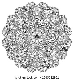 Mandala, tracery wheel mehndi design. Ethnic ornament, doodle symmetry texture. Folk traditional spiritual tribal design. Curved shape, isolated on white. Binary monochrome black and white art. Vector
