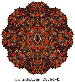 Mandala, tracery wheel mehndi design. Ethnic ornament, colorful doodle symmetry texture. Folk traditional spiritual tribal design.  Curved shape, isolated on white. Color art. Vector