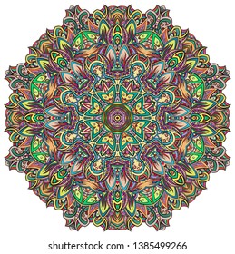 Mandala, tracery wheel mehndi design. Ethnic ornament, colorful doodle symmetry texture. Folk traditional spiritual tribal design.  Curved shape, isolated on white. Color art. Vector