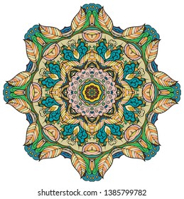 Mandala, tracery wheel mehndi design. Ethnic ornament, colorful doodle symmetry texture. Folk traditional spiritual tribal design.  Curved shape, isolated on white. Color art. Vector