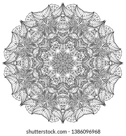 Mandala, tracery wheel mehndi design. Ethnic ornament, doodle symmetry texture. Folk traditional spiritual tribal design. Curved shape, isolated on white. Binary monochrome black and white art. Vector