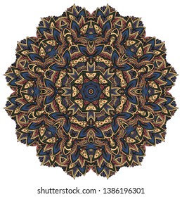 Mandala, tracery wheel mehndi design. Ethnic ornament, colorful doodle symmetry texture. Folk traditional spiritual tribal design.  Curved shape, isolated on white. Color art. Vector