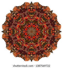 Mandala, tracery wheel mehndi design. Ethnic ornament, colorful doodle symmetry texture. Folk traditional spiritual tribal design.  Curved shape, isolated on white. Color art. Vector