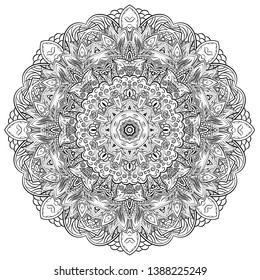 Mandala, tracery wheel mehndi design. Ethnic ornament, doodle symmetry texture. Folk traditional spiritual tribal design. Curved shape, isolated on white. Binary monochrome black and white art. Vector
