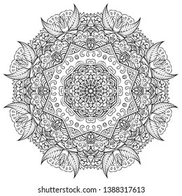 Mandala, tracery wheel mehndi design. Ethnic ornament, doodle symmetry texture. Folk traditional spiritual tribal design. Curved shape, isolated on white. Binary monochrome black and white art. Vector