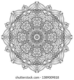 Mandala, tracery wheel mehndi design. Ethnic ornament, doodle symmetry texture. Folk traditional spiritual tribal design. Curved shape, isolated on white. Binary monochrome black and white art. Vector