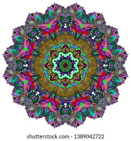Mandala, tracery wheel mehndi design. Ethnic ornament, colorful doodle symmetry texture. Folk traditional spiritual tribal design.  Curved shape, isolated on white. Color art. Vector