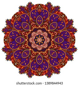 Mandala, tracery wheel mehndi design. Ethnic ornament, colorful doodle symmetry texture. Folk traditional spiritual tribal design.  Curved shape, isolated on white. Color art. Vector