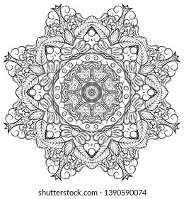 Mandala, tracery wheel mehndi design. Ethnic ornament, doodle symmetry texture. Folk traditional spiritual tribal design. Curved shape, isolated on white. Binary monochrome black and white art. Vector