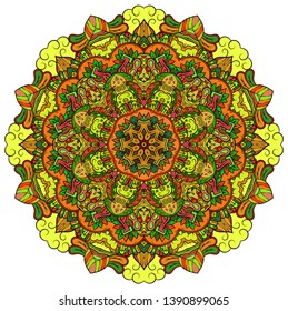 Mandala, tracery wheel mehndi design. Ethnic ornament, colorful doodle symmetry texture. Folk traditional spiritual tribal design.  Curved shape, isolated on white. Color art. Vector