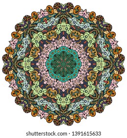 Mandala, tracery wheel mehndi design. Ethnic ornament, colorful doodle symmetry texture. Folk traditional spiritual tribal design.  Curved shape, isolated on white. Color art. Vector