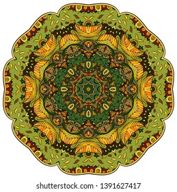 Mandala, tracery wheel mehndi design. Ethnic ornament, colorful doodle symmetry texture. Folk traditional spiritual tribal design.  Curved shape, isolated on white. Color art. Vector