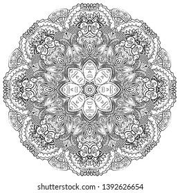 Mandala, tracery wheel mehndi design. Ethnic ornament, doodle symmetry texture. Folk traditional spiritual tribal design. Curved shape, isolated on white. Binary monochrome black and white art. Vector