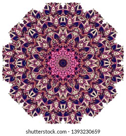 Mandala, tracery wheel mehndi design. Ethnic ornament, colorful doodle symmetry texture. Folk traditional spiritual tribal design.  Curved shape, isolated on white. Color art. Vector