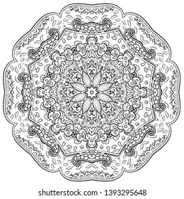 Mandala, tracery wheel mehndi design. Ethnic ornament, doodle symmetry texture. Folk traditional spiritual tribal design. Curved shape, isolated on white. Binary monochrome black and white art. Vector
