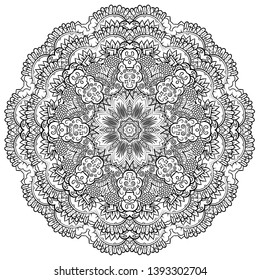 Mandala, tracery wheel mehndi design. Ethnic ornament, doodle symmetry texture. Folk traditional spiritual tribal design. Curved shape, isolated on white. Binary monochrome black and white art. Vector