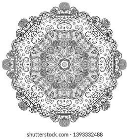 Mandala, tracery wheel mehndi design. Ethnic ornament, doodle symmetry texture. Folk traditional spiritual tribal design. Curved shape, isolated on white. Binary monochrome black and white art. Vector