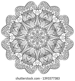 Mandala, tracery wheel mehndi design. Ethnic ornament, doodle symmetry texture. Folk traditional spiritual tribal design. Curved shape, isolated on white. Binary monochrome black and white art. Vector